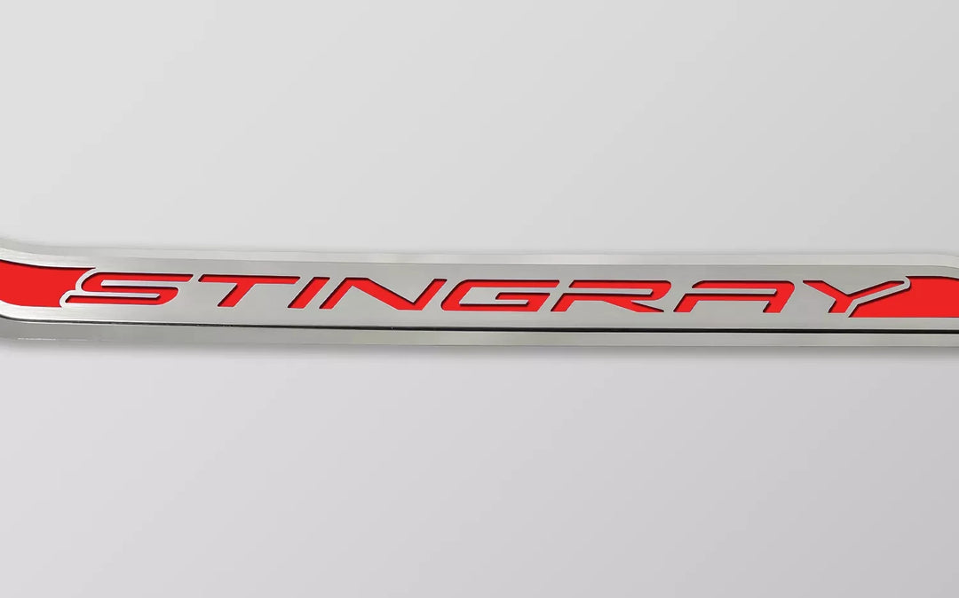 C8 Corvette ACC stingray door prop, bright red solid inlay, driver example