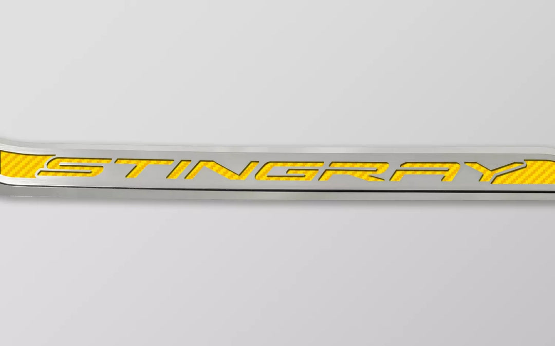 C8 Corvette ACC stingray door prop, yellow carbon-fiber-pattern inlay, driver example