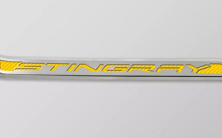 C8 Corvette ACC stingray door prop, yellow carbon-fiber-pattern inlay, driver example