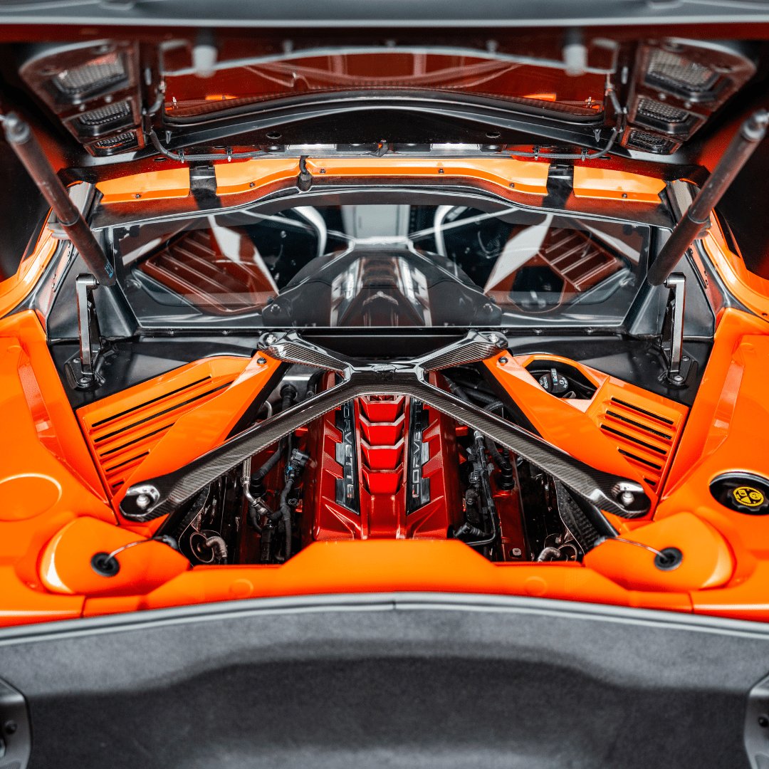 C8 Corvette orange painted louvered panels installed beside the engine; other accessories not included