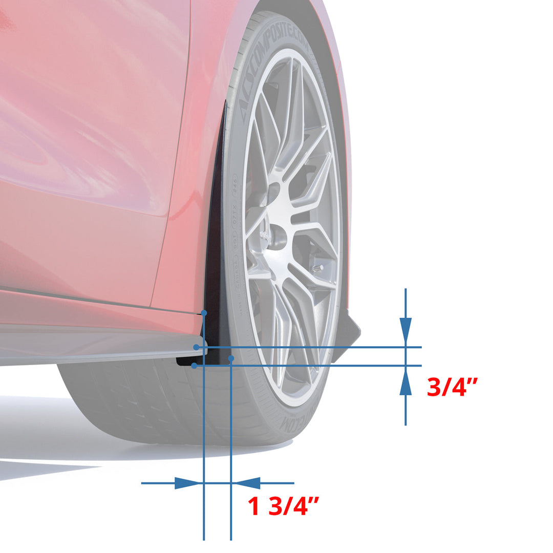 Front rock guard dimension diagram for the C8 widebody, showing 3/4 inch and 1 3/4 inch measured from the wheel opening