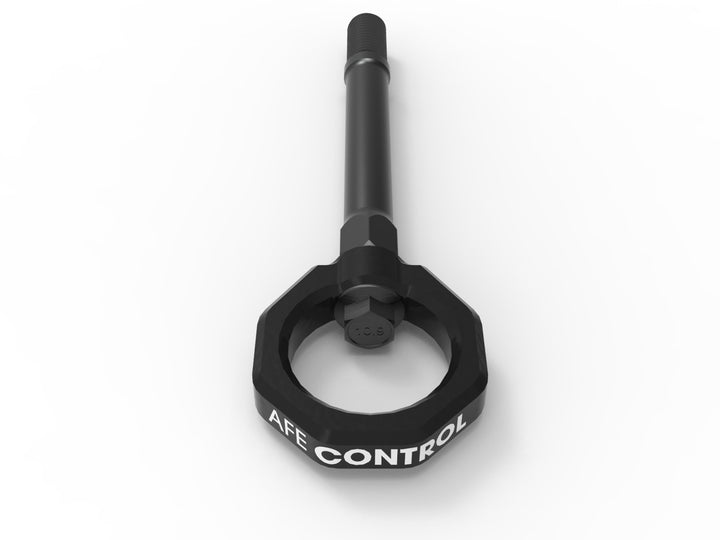 Black powder-coated aFe CONTROL front tow hook detail for C8 Corvette