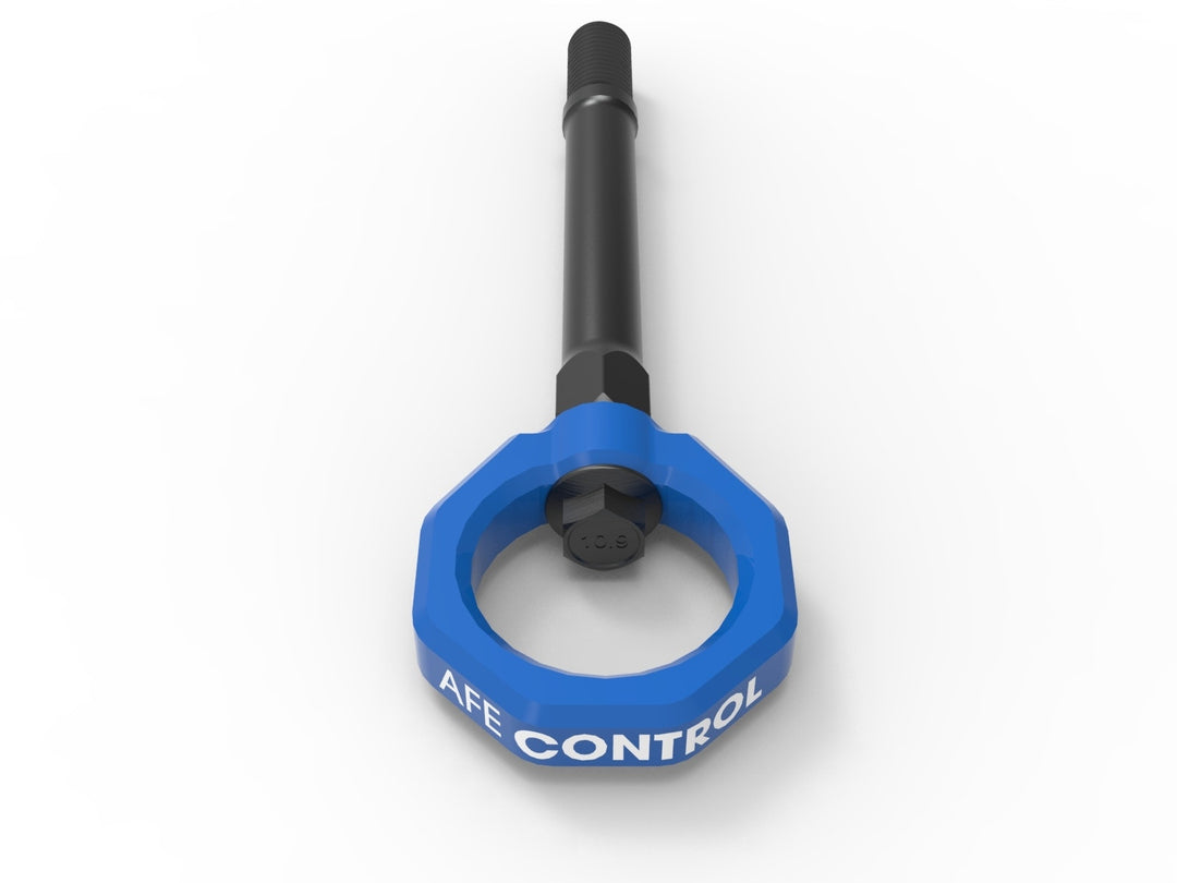 Blue powder-coated aFe CONTROL front tow hook detail for C8 Corvette
