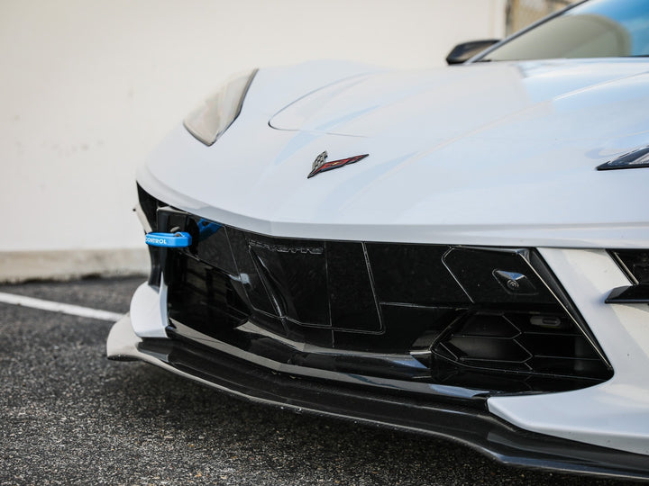 C8 Corvette front view with blue aFe CONTROL tow hook installed