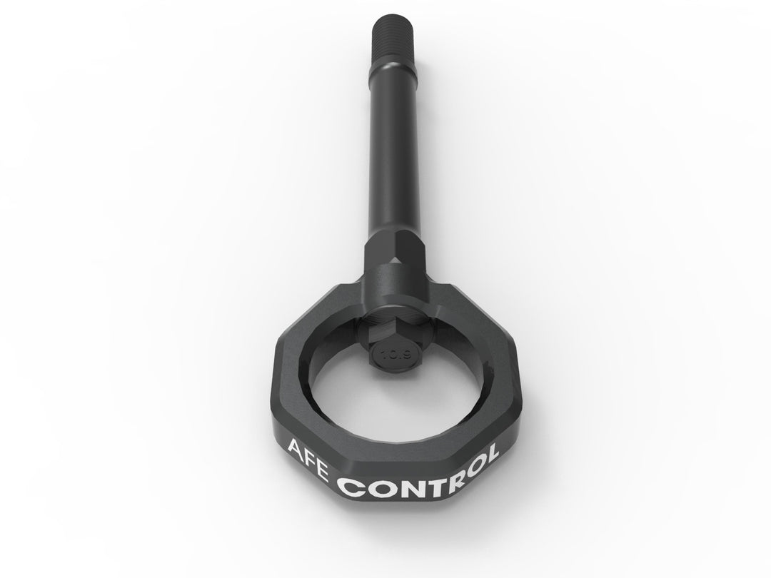 Gray powder-coated aFe CONTROL front tow hook detail for C8 Corvette