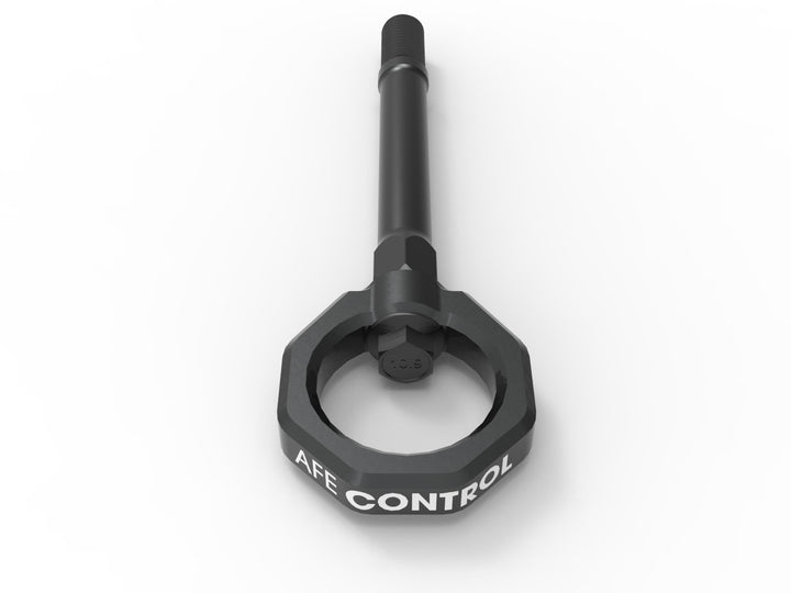 Gray powder-coated aFe CONTROL front tow hook detail for C8 Corvette