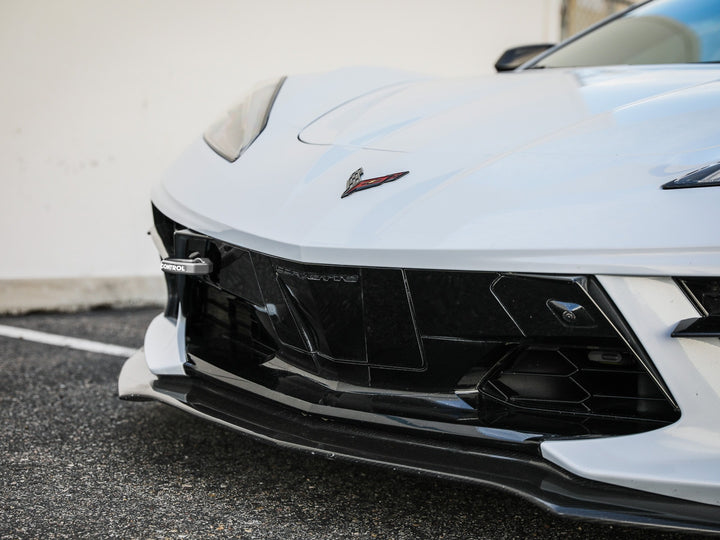 C8 Corvette front view with gray aFe CONTROL tow hook installed