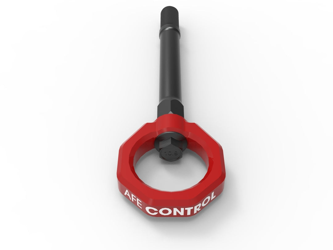 Red powder-coated aFe CONTROL front tow hook detail for C8 Corvette