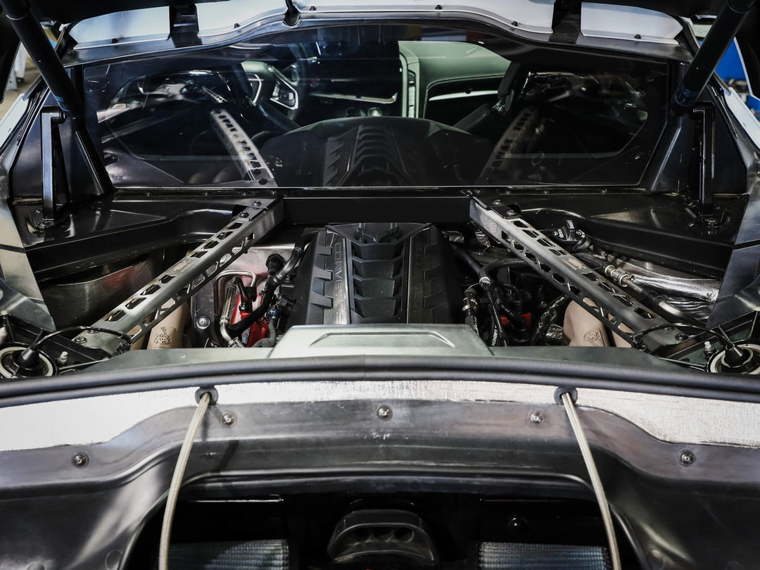 C8 Corvette rear compartment with aFe CONTROL stainless strut brace installed