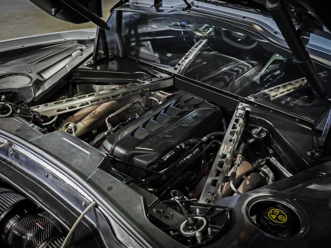 aFe CONTROL rear suspension strut brace installed on a C8 Corvette