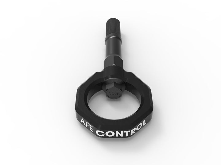 Black powder-coated aFe CONTROL rear tow hook detail for C8 Corvette