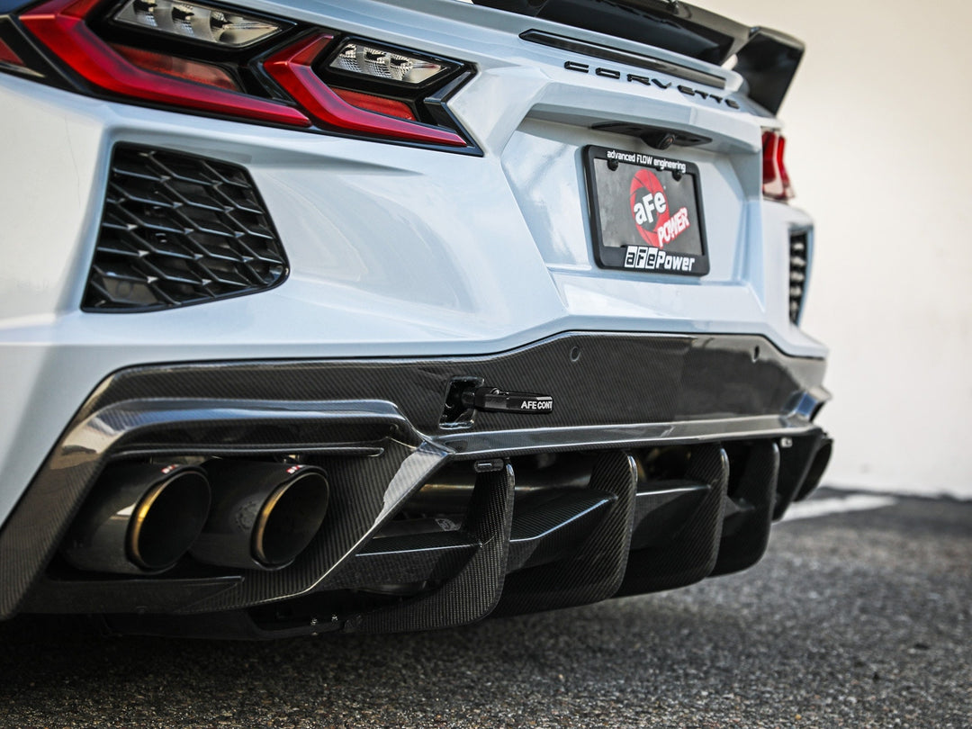C8 Corvette rear view with black aFe CONTROL tow hook installed