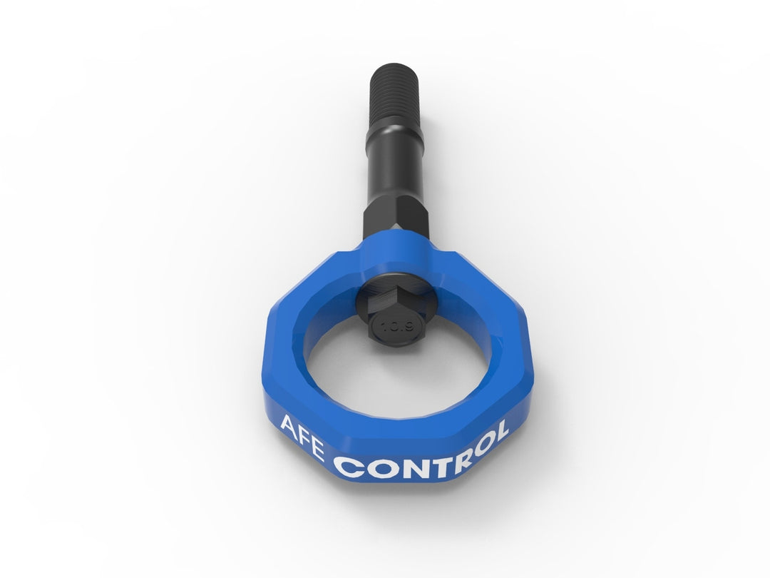 Blue powder-coated aFe CONTROL rear tow hook detail for C8 Corvette