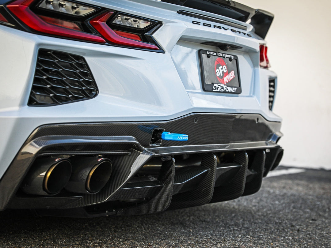 C8 Corvette rear view with blue aFe CONTROL tow hook installed