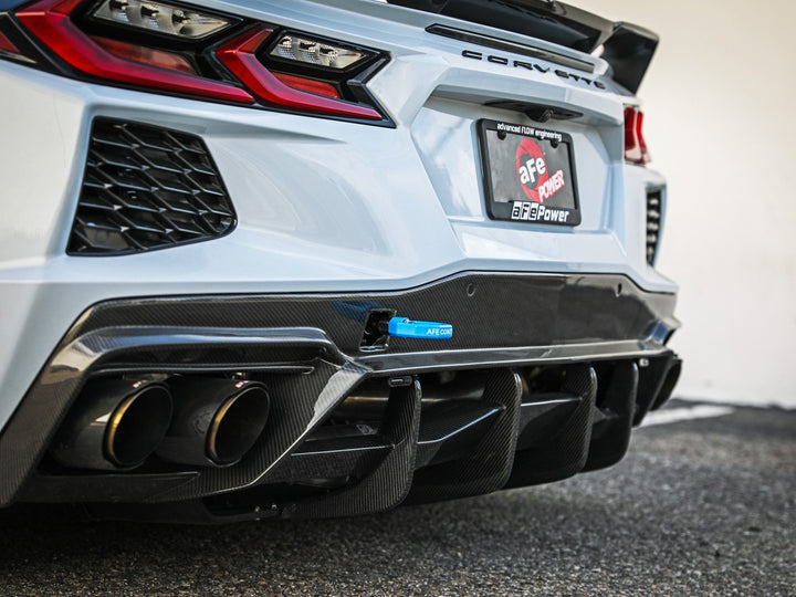 C8 Corvette rear view with blue aFe CONTROL tow hook installed