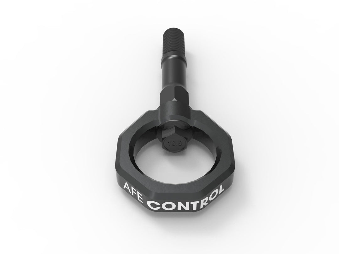 Gray powder-coated aFe CONTROL rear tow hook detail for C8 Corvette