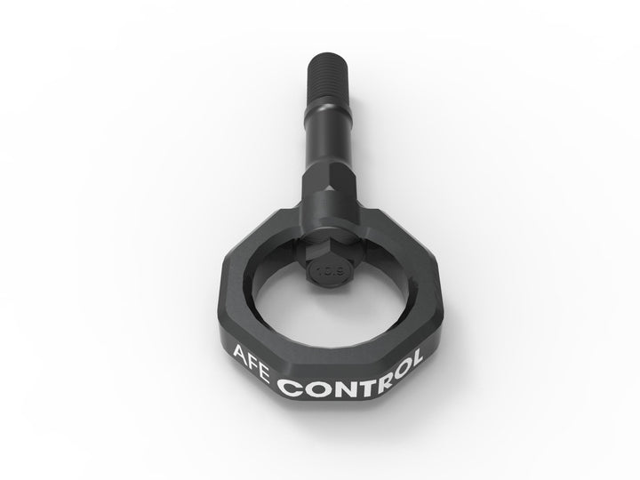 Gray powder-coated aFe CONTROL rear tow hook detail for C8 Corvette