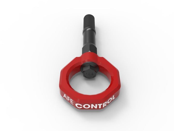 Red powder-coated aFe CONTROL rear tow hook detail for C8 Corvette