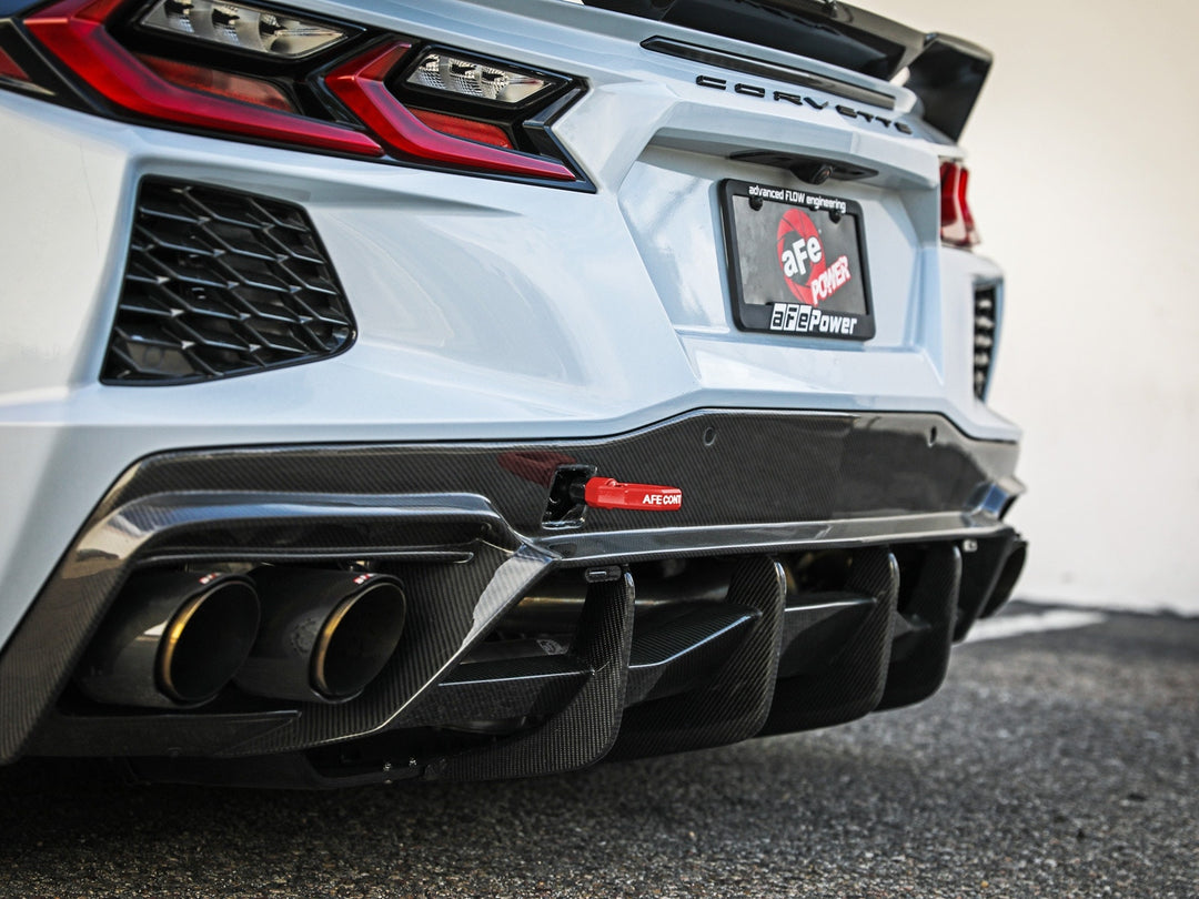 C8 Corvette rear view with red aFe CONTROL tow hook installed