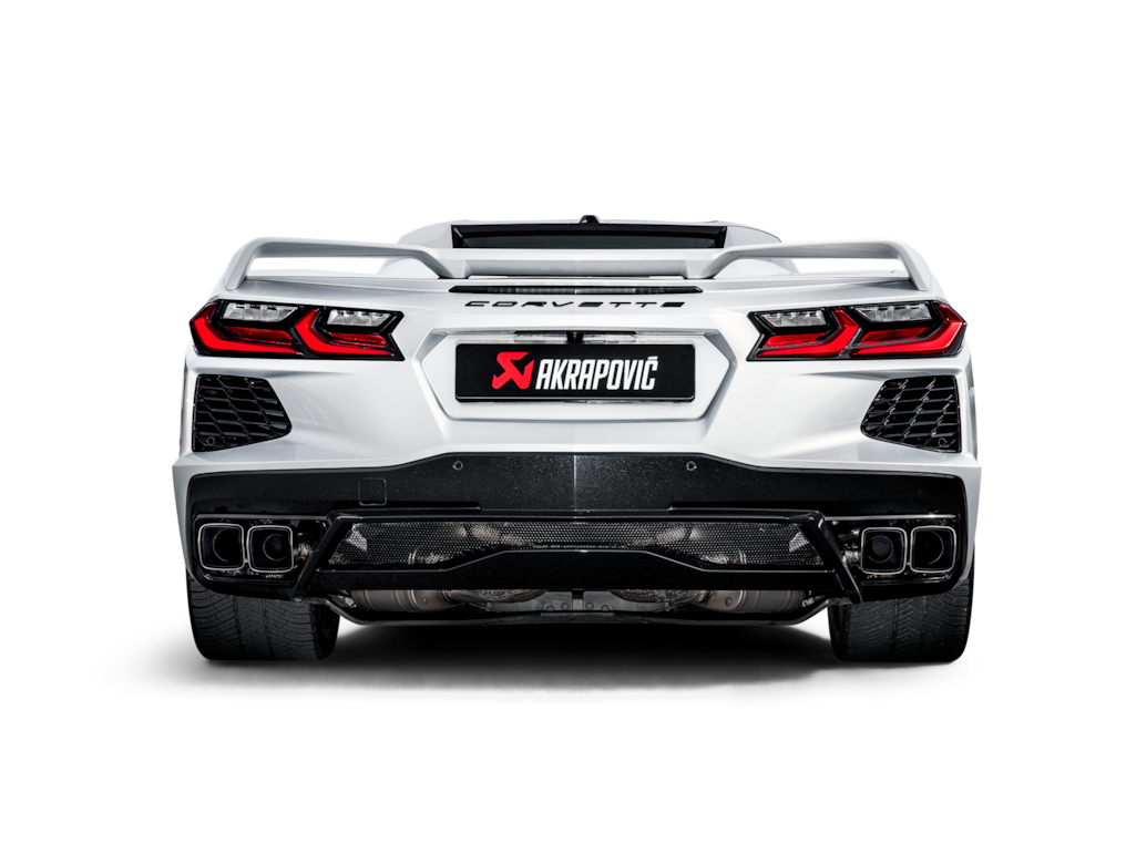 Rear view of Akrapovic titanium exhaust on C8 Corvette Stingray