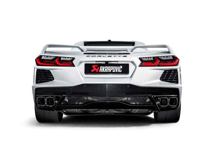 Rear view of Akrapovic titanium exhaust on C8 Corvette Stingray