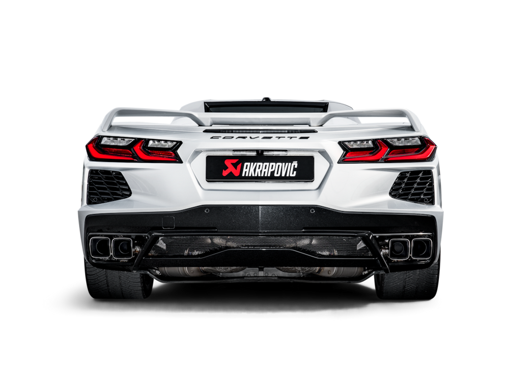 Rear view of Akrapovic titanium exhaust on C8 Corvette Stingray