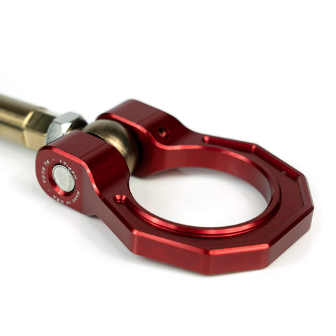 Close-up of the red 7075 billet aluminum towing eye on the C8 Corvette AMT Motorsport Titan Tow Hook