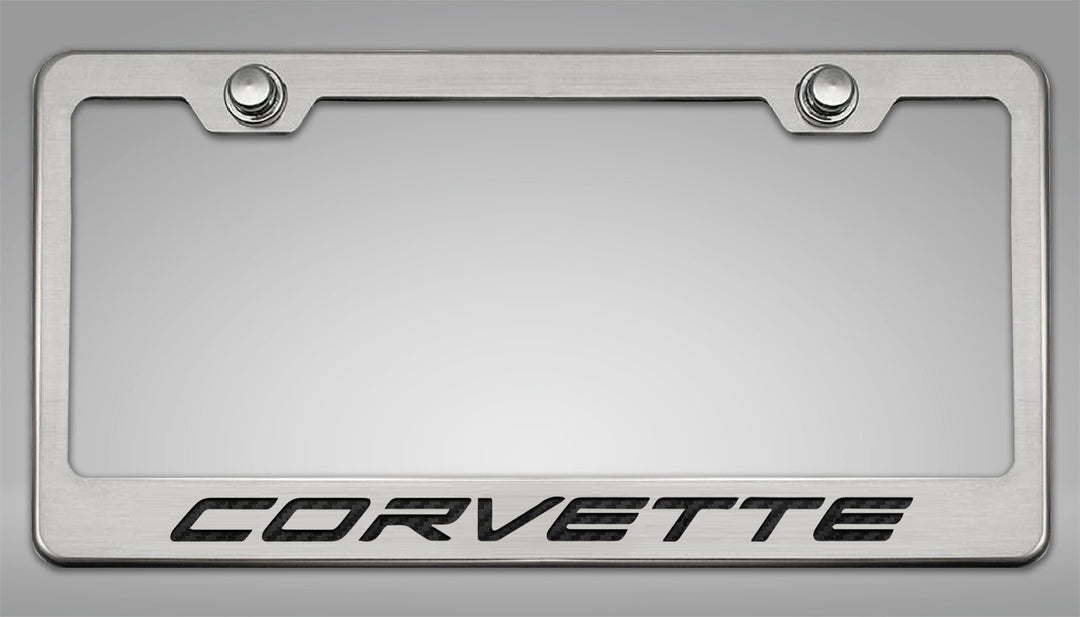 C8 Corvette CORVETTE license frame with black lettering and polished-base trim