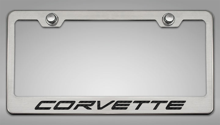 C8 Corvette CORVETTE license frame with black lettering and polished-base trim