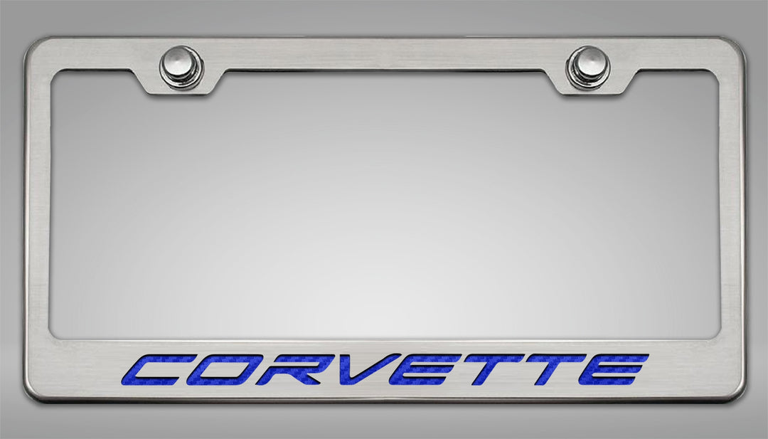 C8 Corvette CORVETTE license frame with blue lettering and polished-base trim
