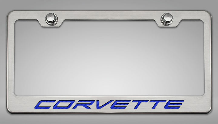 C8 Corvette CORVETTE license frame with blue lettering and polished-base trim
