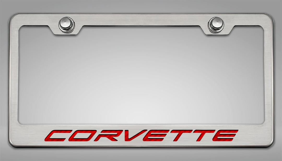 C8 Corvette CORVETTE license frame with red lettering and polished-base trim