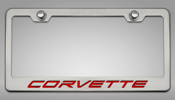 C8 Corvette CORVETTE license frame with red lettering and polished-base trim