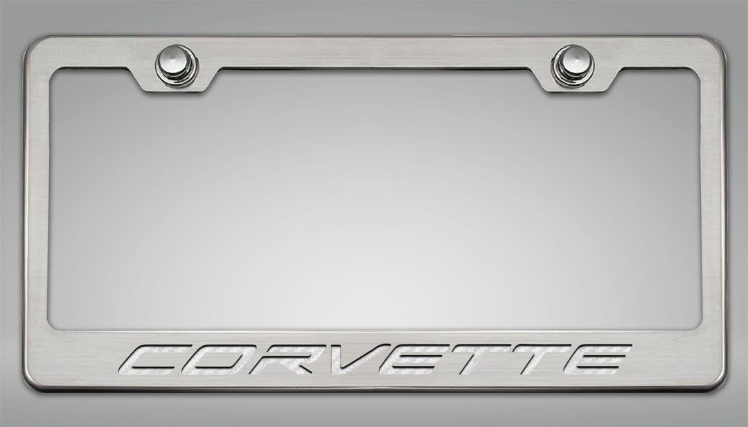 C8 Corvette CORVETTE license frame with white lettering and polished-base trim