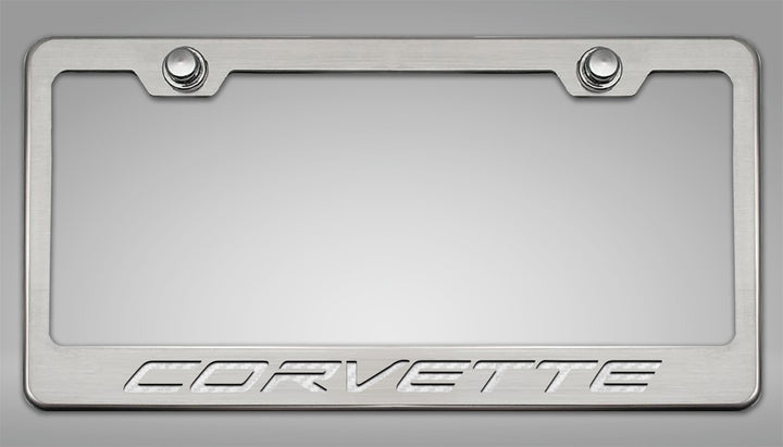 C8 Corvette CORVETTE license frame with white lettering and polished-base trim