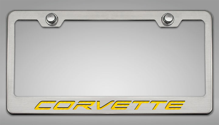 C8 Corvette CORVETTE license frame with yellow lettering and polished-base trim
