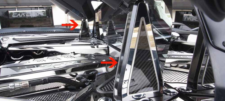 Both C8 Corvette Coupe engine-hatch hinge areas shown with polished stainless and carbon-fiber dress-up trim and separate engine-bay accessories