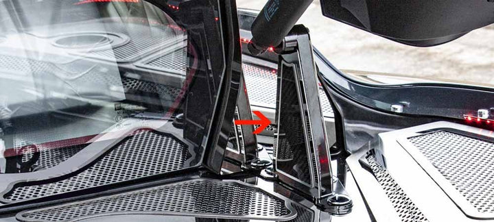 Installed polished stainless and carbon-fiber hinge accents in a C8 Corvette Coupe, with adjacent cowl and fender trim shown separately