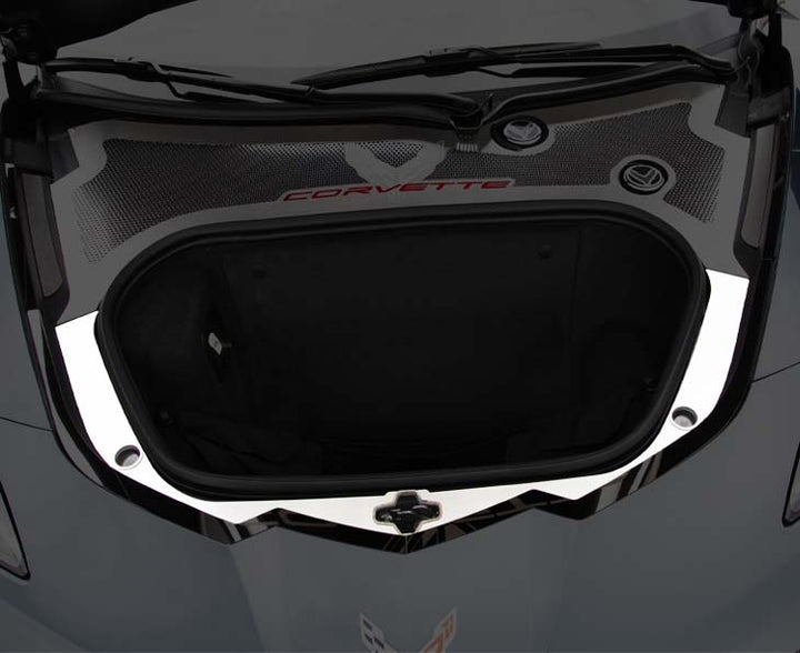 C8 Corvette Coupe frunk with ACC-881013 latch-plate trim installed and other accessories shown for context