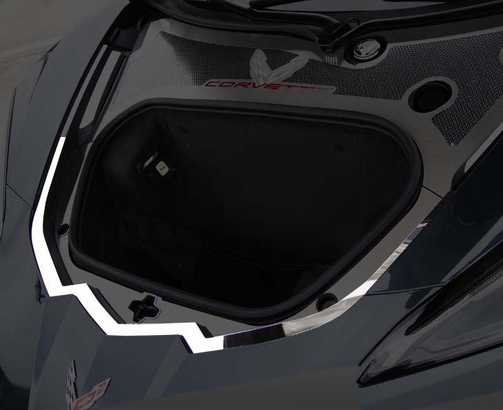 Polished four-piece nose-cap trim follows the front opening of a C8 Corvette Coupe frunk; other installed accessories are separate