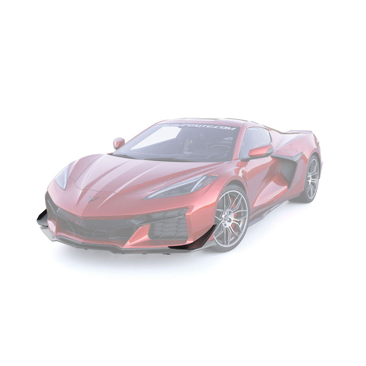 3/4 view of C8 Corvette E-Ray highlighting ACS Composite front canards position and aero profile on the widebody nose.