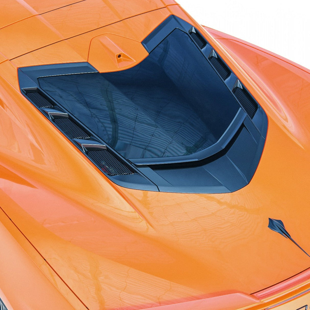 ACS Composite rear window spoiler fitted to an orange narrow-body C8 Corvette, looking down the rear deck at the glass edge