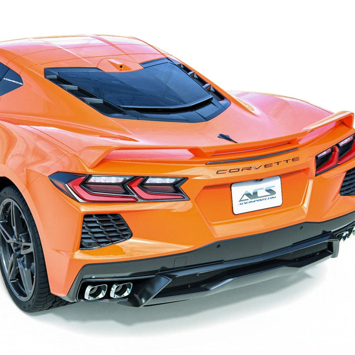 ACS Composite rear window spoiler fitted to an orange narrow-body C8 Corvette, rear three quarter view above the engine glass
