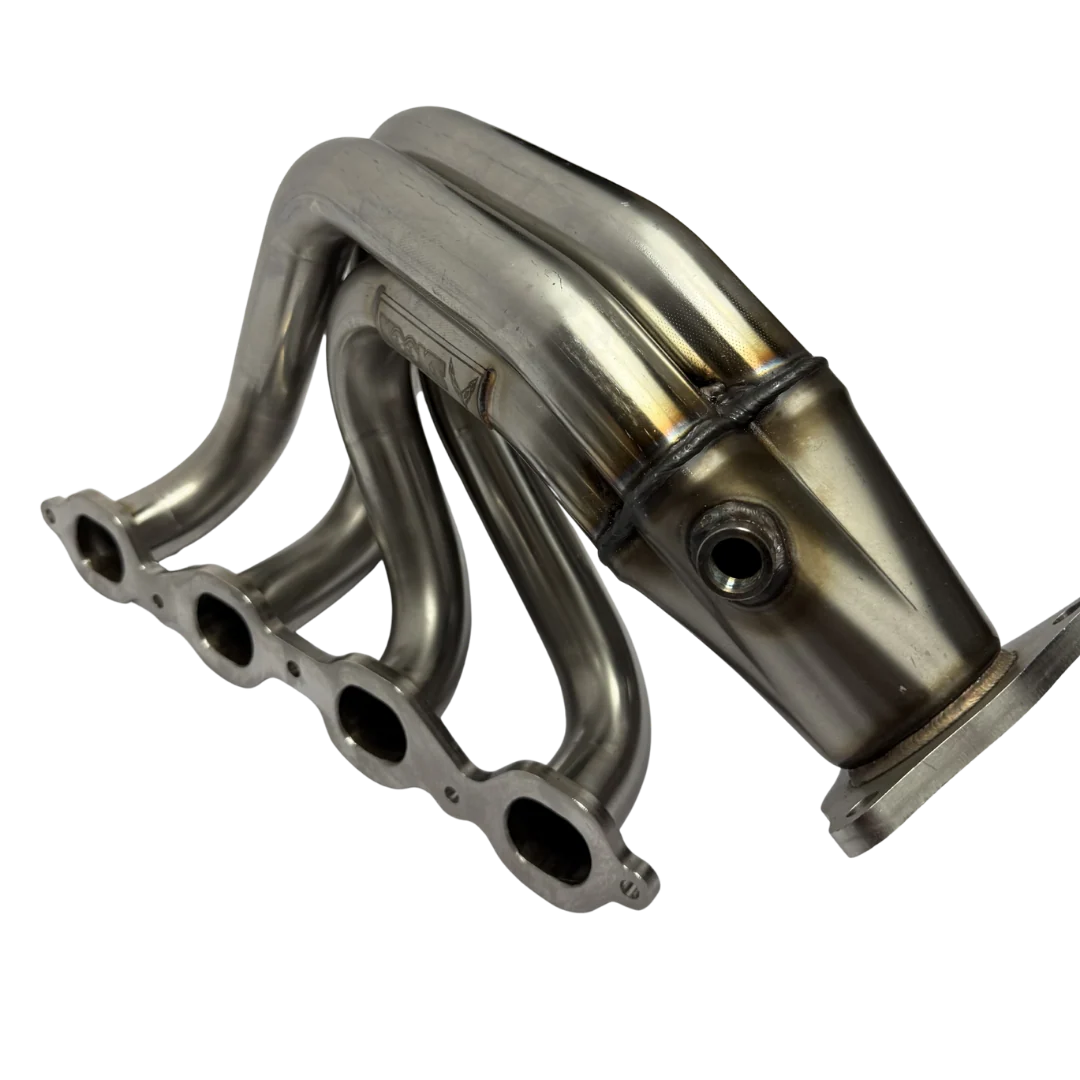 Flanged collector outlet on a Kooks C8 Corvette E-Ray header, the connection that meets the OEM catalytic converter