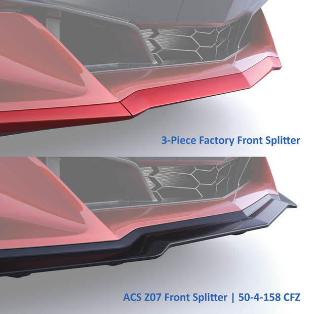 Side-by-side comparison of stock C8 Corvette E-Ray splitter versus ACS Composite Z07 version, showing extended aero profile and Carbon Flash finish.