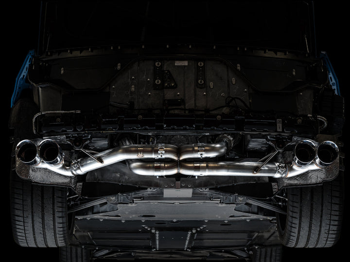 AWE 3020-42080 Track exhaust with Chrome tips installed on a C8 Corvette, underbody view