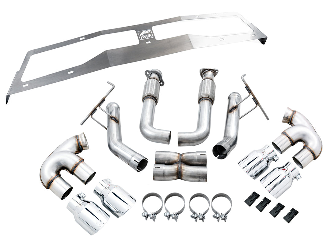 AWE 3020-42080 Track cat-back with Chrome tips for C8 Corvette E-Ray, kit contents