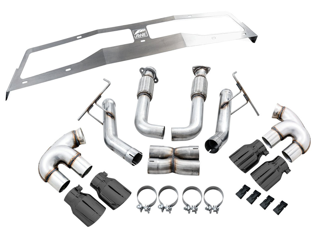 AWE 3020-43086 Track cat-back with Diamond Black tips for C8 Corvette E-Ray, kit contents
