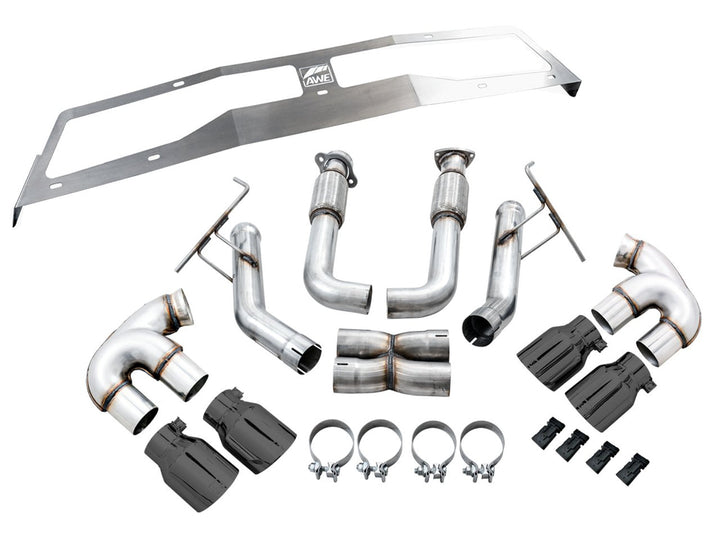 AWE 3020-43086 Track cat-back with Diamond Black tips for C8 Corvette E-Ray, kit contents