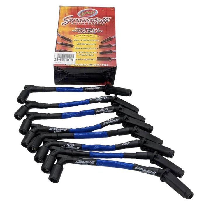 Blue Granatelli spark plug wires 28-8051HTBL for C8 Corvette LT2 ignition upgrade